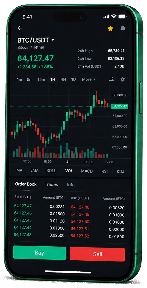 Yieldario Trading-App auf dem Smartphone – Live BTC/USDT Chart, Orderbuch und Kauf-/Verkaufsinterface